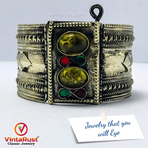 single Vintage Kuchi Cuff Bracelet With Yellow Glass Stones, Gypsy Cuff Bracelet - Picture 12 of 12